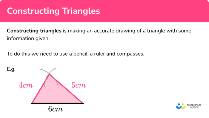Triangle construction practice problems showing methods for building triangles from specified conditions Seventh grade students constructing triangles with given side lengths and angle measurements on a geometry worksheet