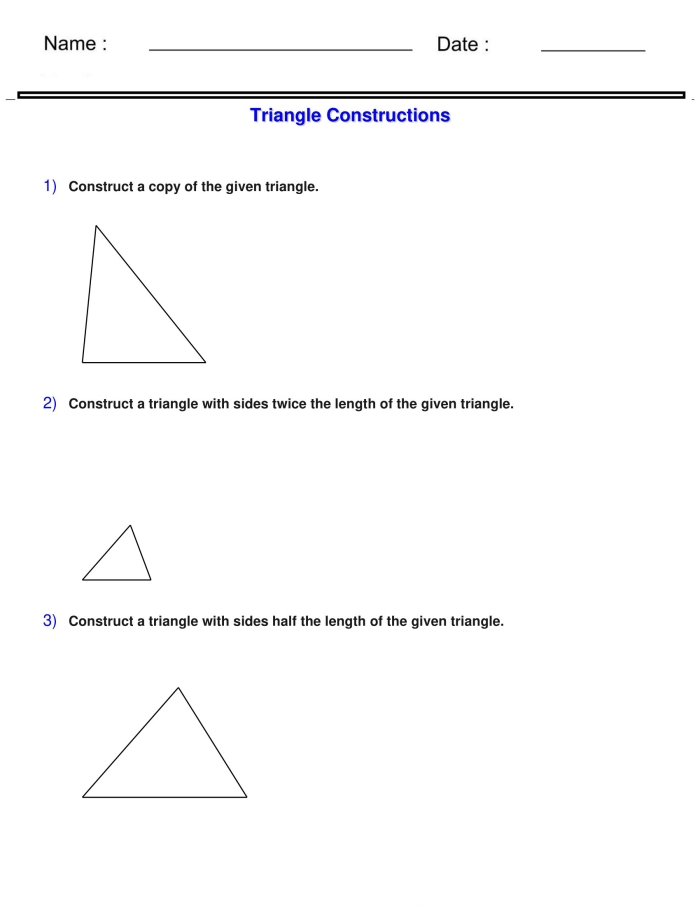 Constructing Triangles From Given Conditions Math Practice Sheet 19 Seventh grade student drawing triangles with given side lengths and angle measurements on a geometry worksheet