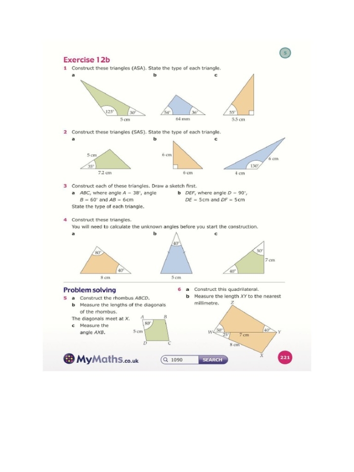 Creating Triangles From Given Conditions Math Practice for Grade 7 Seventh grade student drawing and labeling a triangle with given side lengths and angle measurements on a geometry worksheet