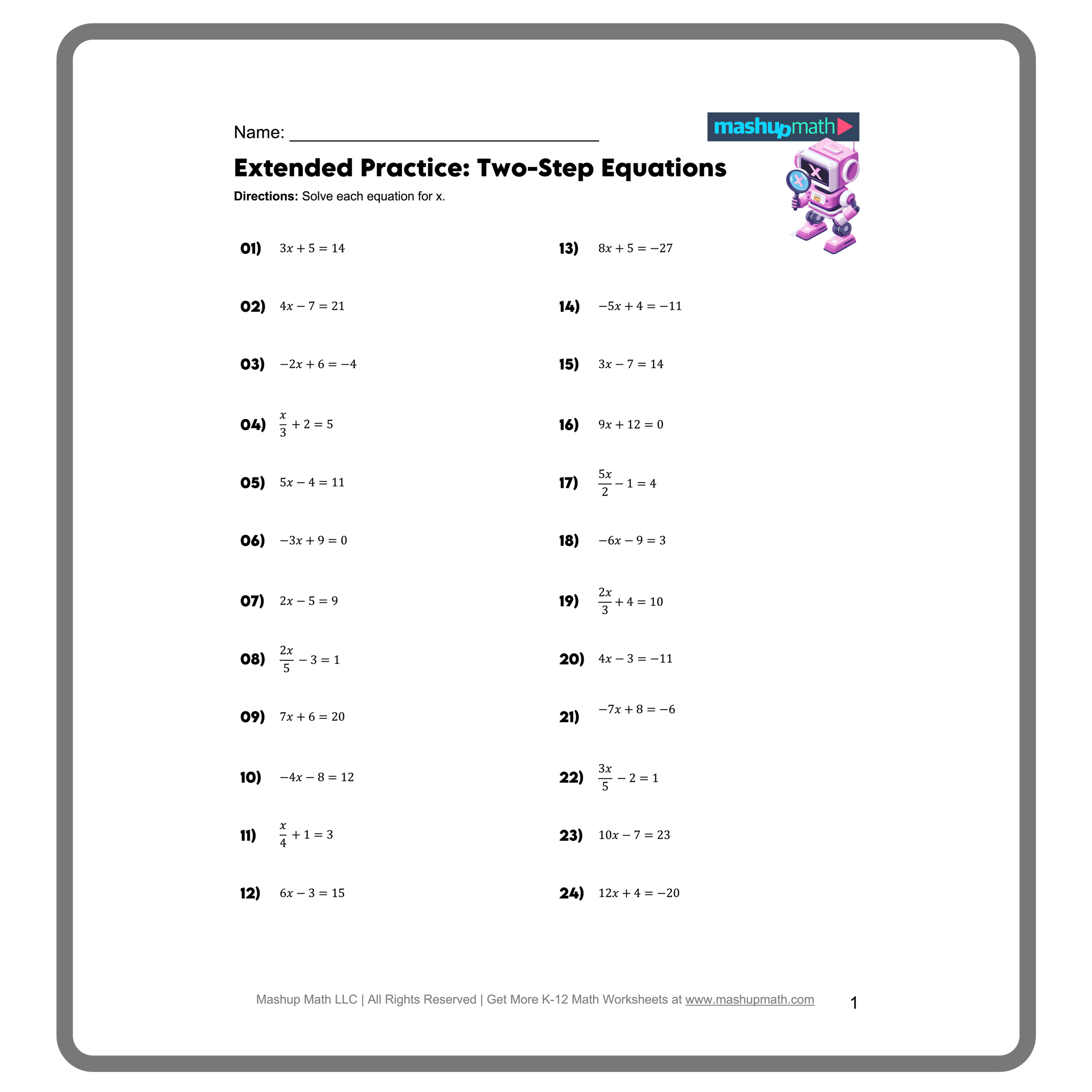 Two-Step Equations Level 1 Worksheet for Seventh Grade Algebra Practice Worksheet for solving two-step equations aimed at seventh graders practicing multiplication skills