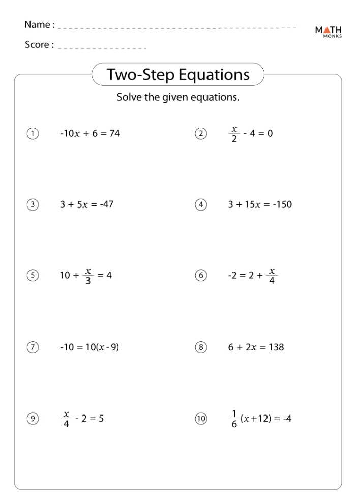 Seventh grade student solving a math worksheet with two-step equation word problems