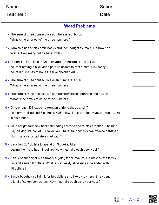 Seventh grade students solving two-step algebraic word problems on a printable worksheet