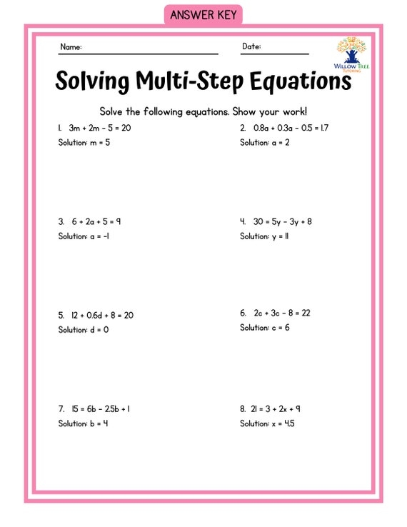 Two-Step Equations Level 1 Multiplication Worksheet for Seventh Grade 11 Seventh grade students practicing algebra by solving two-step equations in this multiplication worksheet