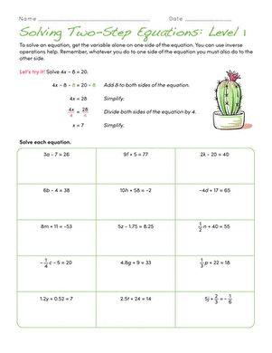 Seventh grade math worksheet featuring algebra problems for solving two-step equations at level two