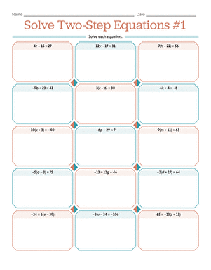 Solving Two-Step Equations Level 1 Algebra Worksheet Number 20 Seventh grade student practicing algebra with a two-step equations worksheet 20