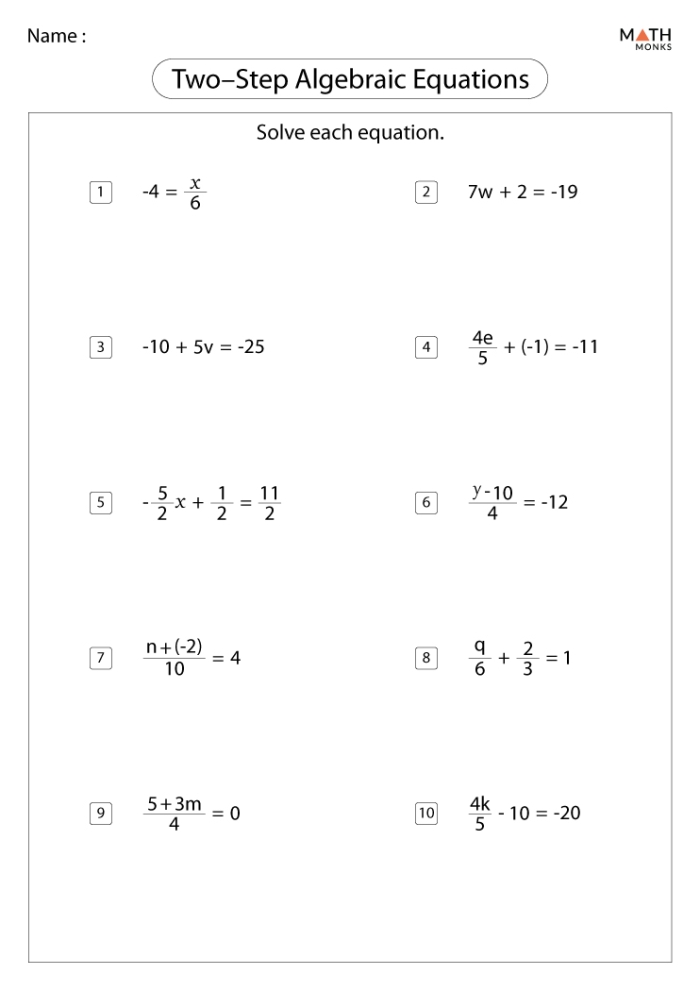 Solving Two-Step Equations Level 1 Algebra Practice Sheet 5 Seventh grade math worksheet focused on solving two-step equations involving multiplication
