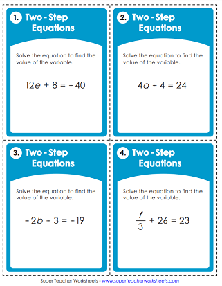 Seventh grade math worksheet featuring a variety of level 2 two-step algebraic equations