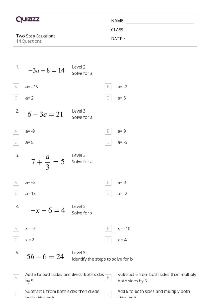 Seventh grade algebra worksheet featuring seventh practice set for solving two-step equations