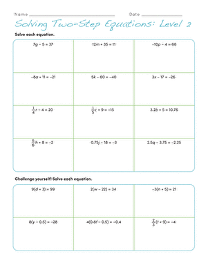 Seventh grade algebra worksheet featuring exercises on solving two-step equations at a level two difficulty