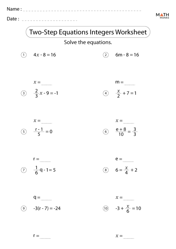 Worksheet featuring two-step equations for seventh-grade algebra practice