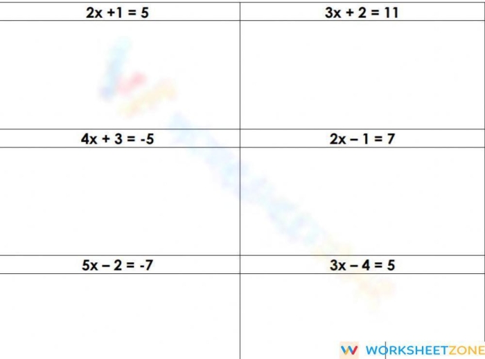 Seventh grade math worksheet featuring algebra problems for solving two-step equations at level two