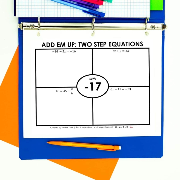 Worksheet for seventh graders focusing on solving two-step equations in algebra