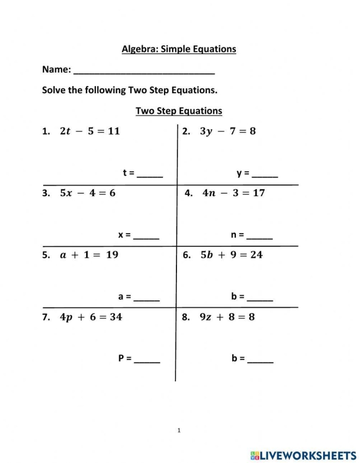 Seventh-grade multiplication practice worksheet featuring two-step equations Students working on a Level 1 worksheet for solving two-step equations in algebra