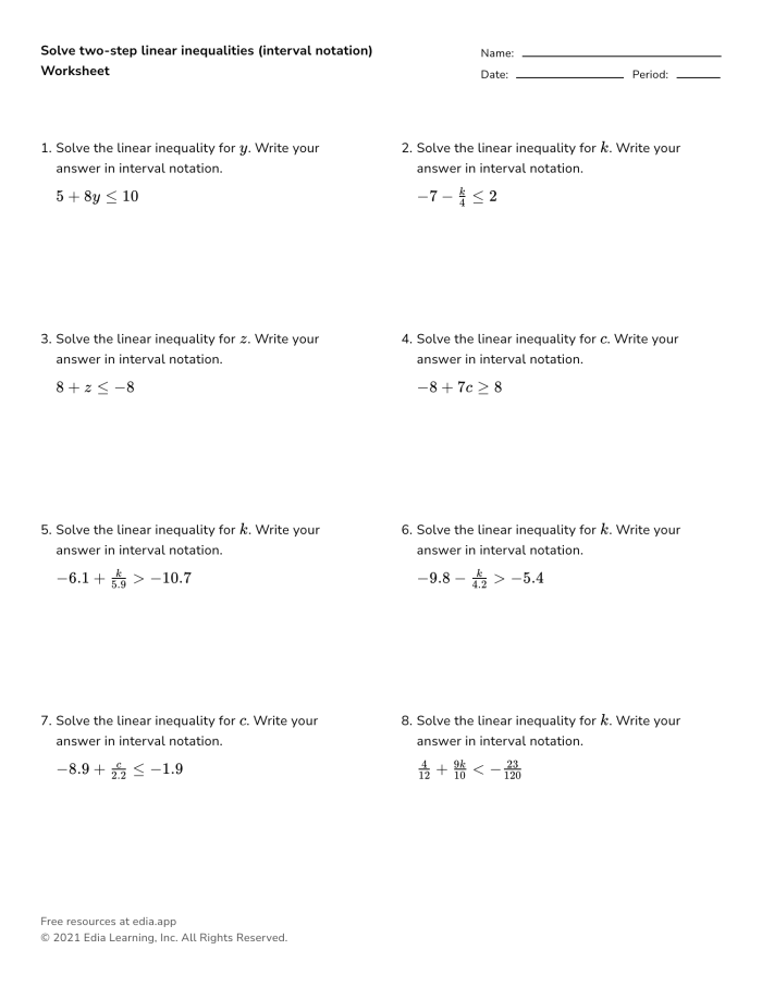 Seventh grade algebra worksheet featuring two-step inequality word problems for geometry students