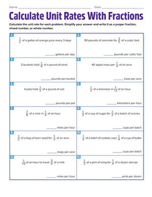 Seventh grade geography worksheet featuring math problems to calculate unit rates with fractions