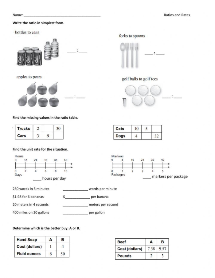 Seventh-grade worksheet on unit rates with fractions featuring practical examples