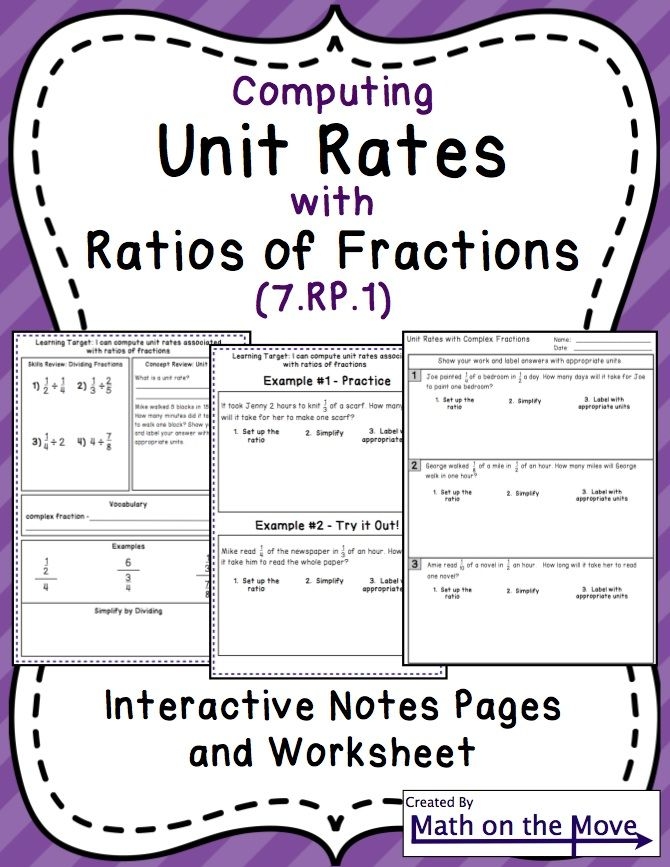 Worksheet for seventh graders on unit rates with fractions using practical examples