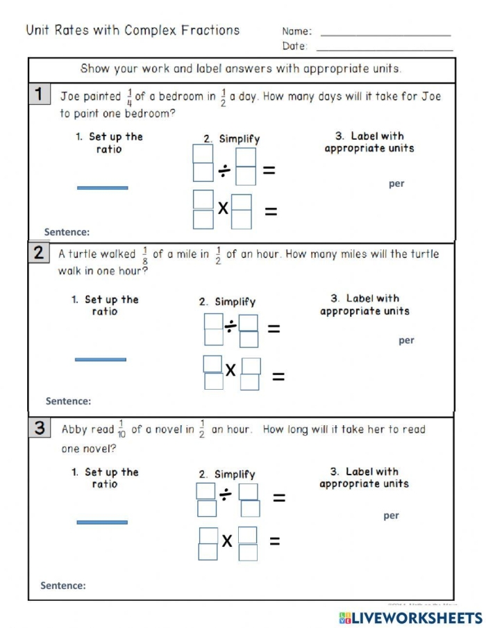 Seventh-grade math worksheet focusing on unit rates with fractions and real-world applications