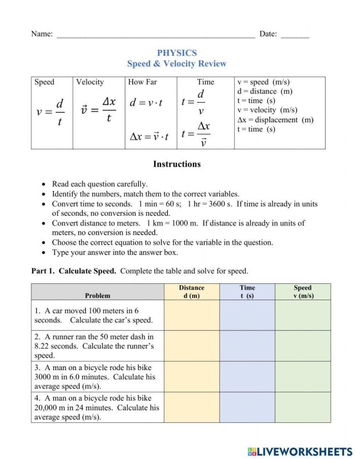 Worksheet for calculating velocity featuring time and distance problems