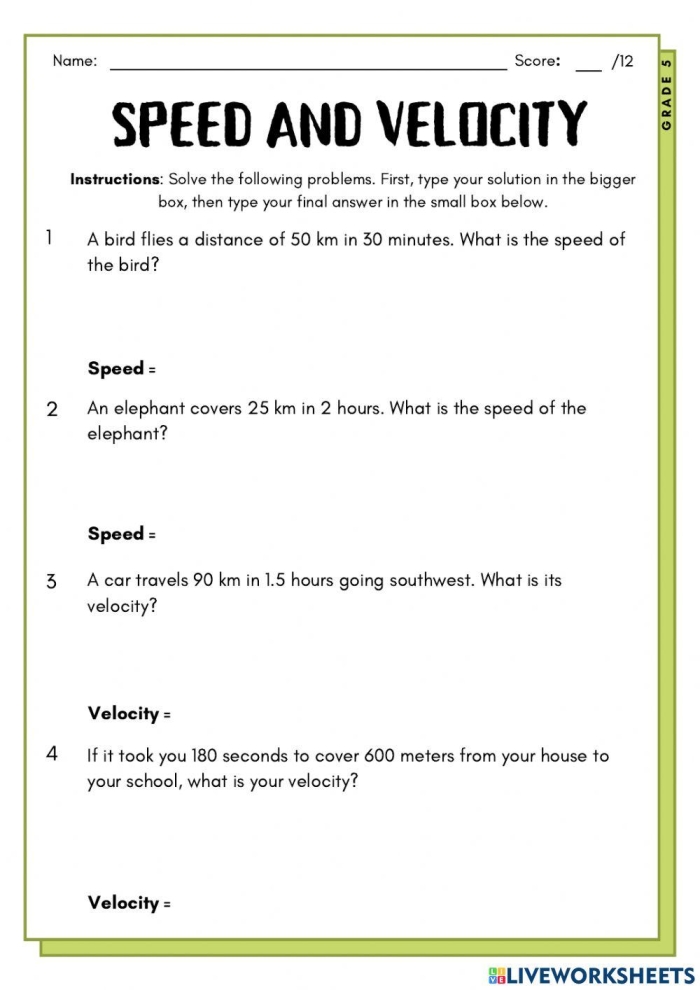 Worksheet featuring calculations of velocity for seventh-grade students