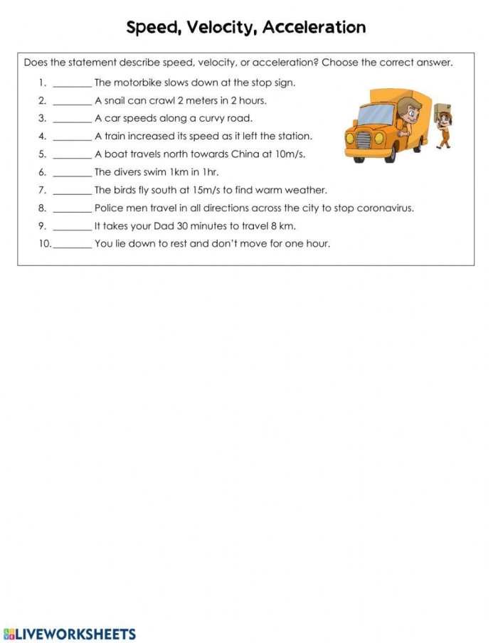 Worksheet for calculating velocity with time and distance problems for seventh graders