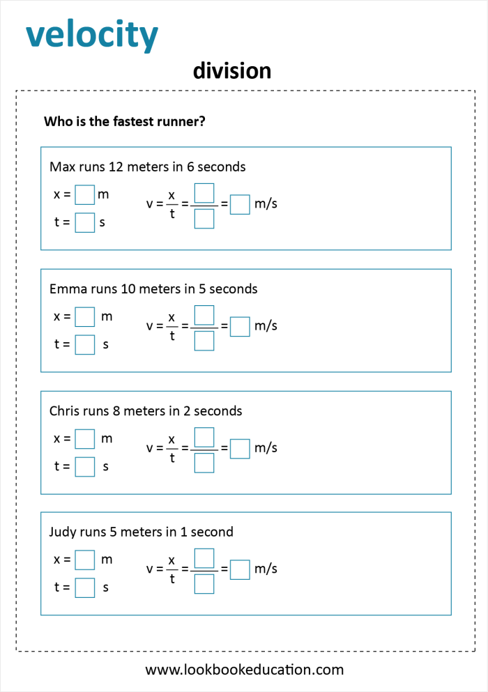 Worksheet for calculating velocity with examples of time and distance problems