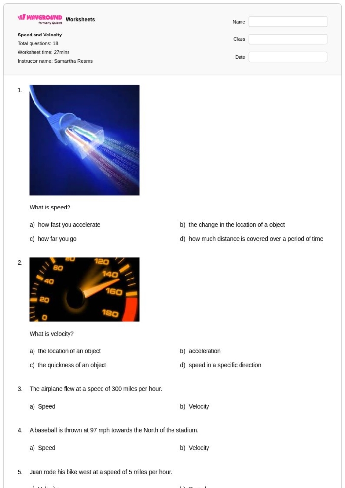 Worksheet for calculating velocity with examples of time and distance problems