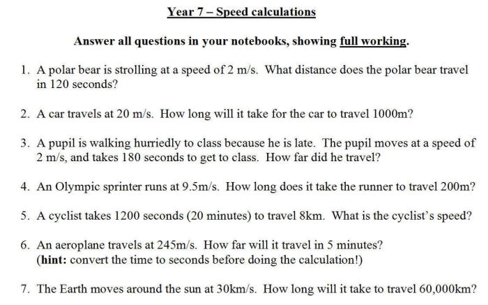 Worksheet for calculating velocity using time and distance for seventh graders