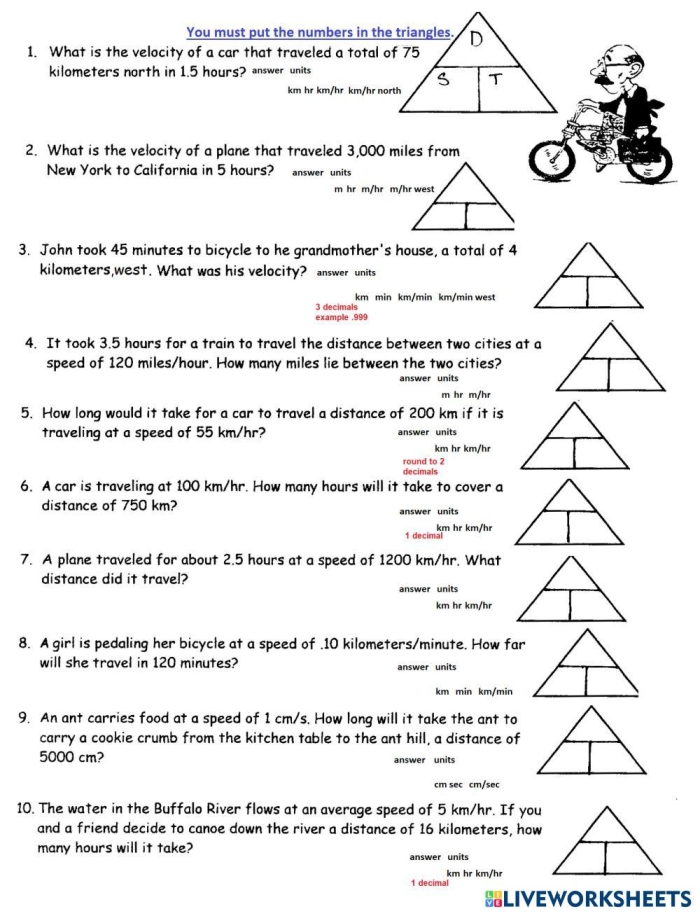 Worksheet on calculating velocity with time and distance examples for seventh graders