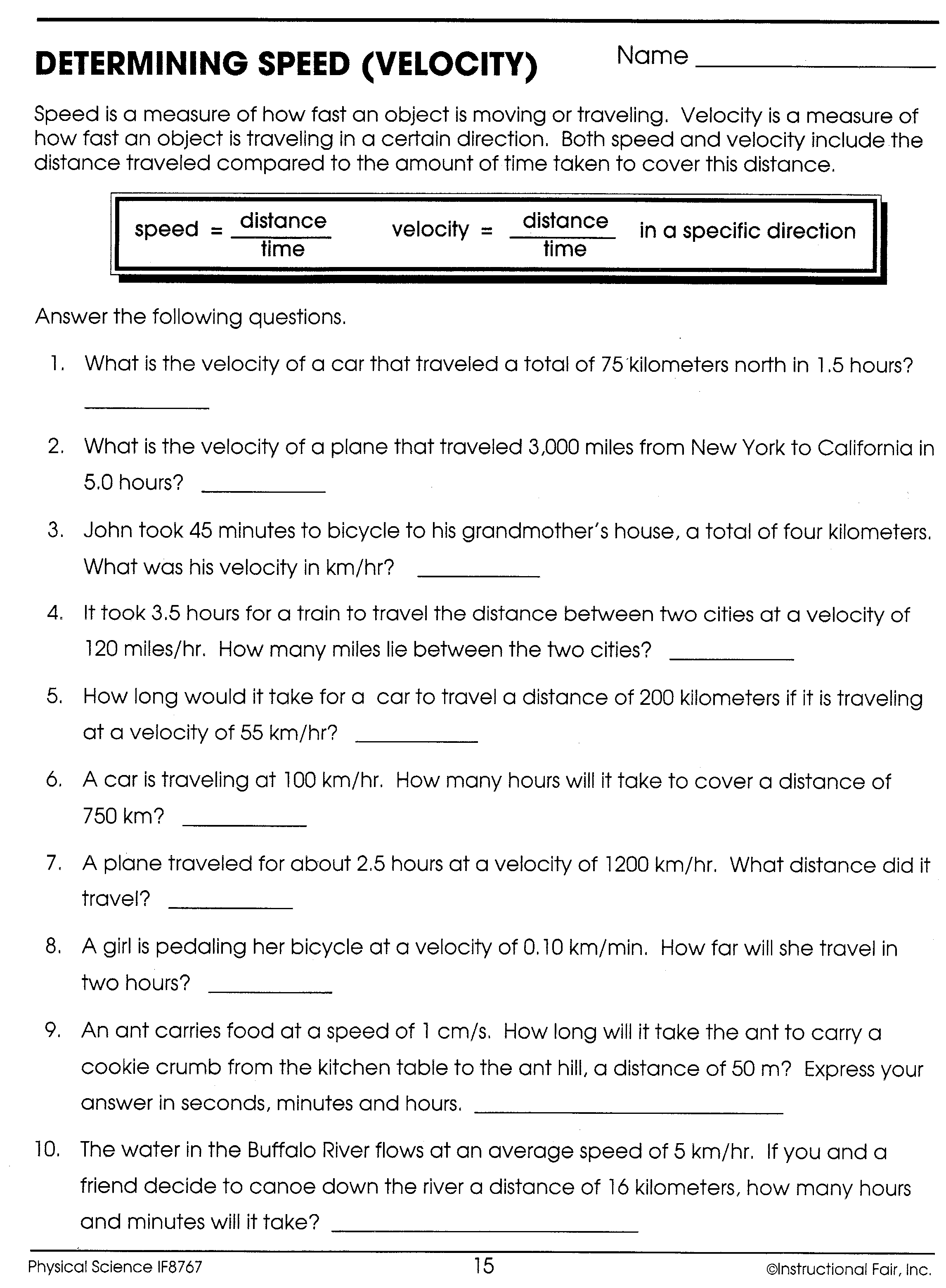 Worksheet focusing on calculating velocity through time and distance in physical science for seventh graders