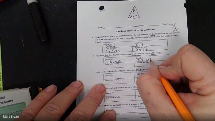 Worksheet for calculating velocity with examples of time and distance problems