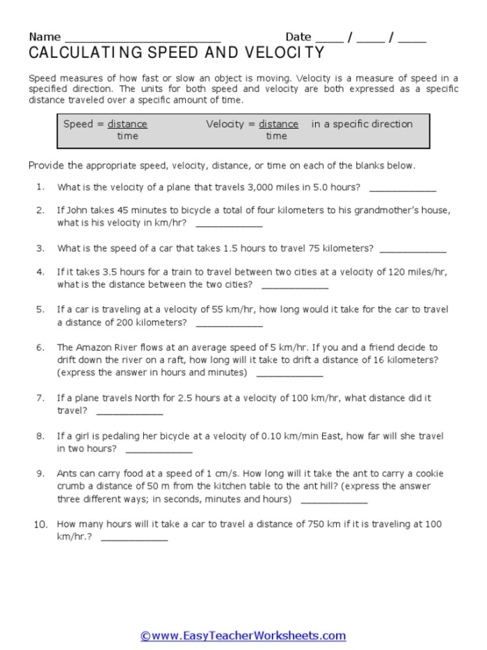 Worksheet for calculating velocity with examples of time and distance problems