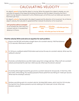 Worksheet for calculating velocity through various word problems for seventh graders