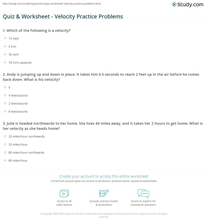 Worksheet on calculating velocity with examples for seventh graders