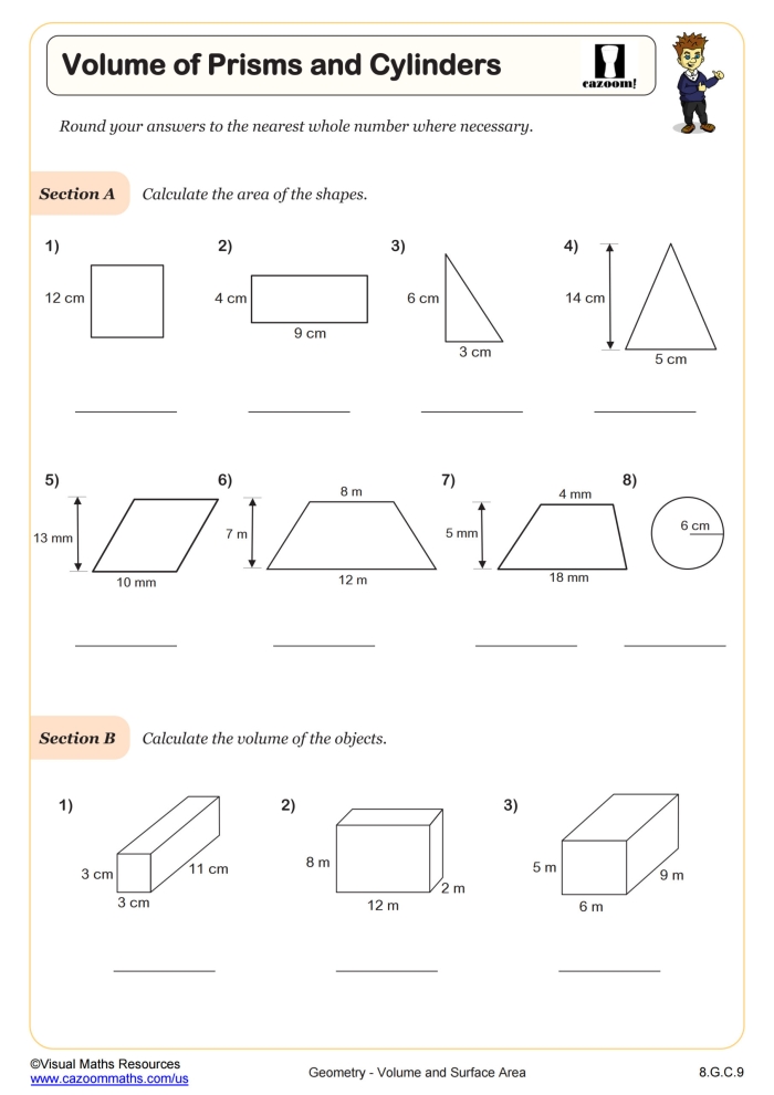 Seventh grade students practicing geometry by calculating the volume of various right prisms on a worksheet