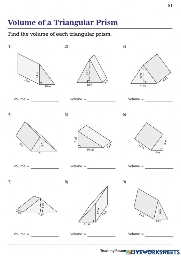 Seventh grade math worksheet featuring volume calculation problems for various right prisms