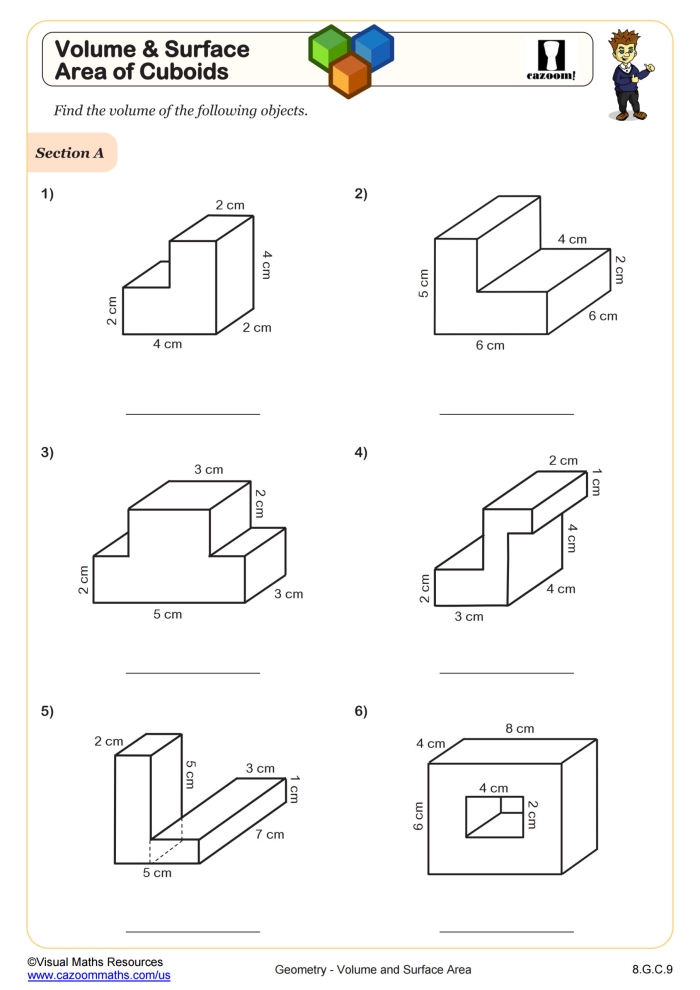 Seventh grade geometry worksheet featuring practice problems on finding the volume of right prisms