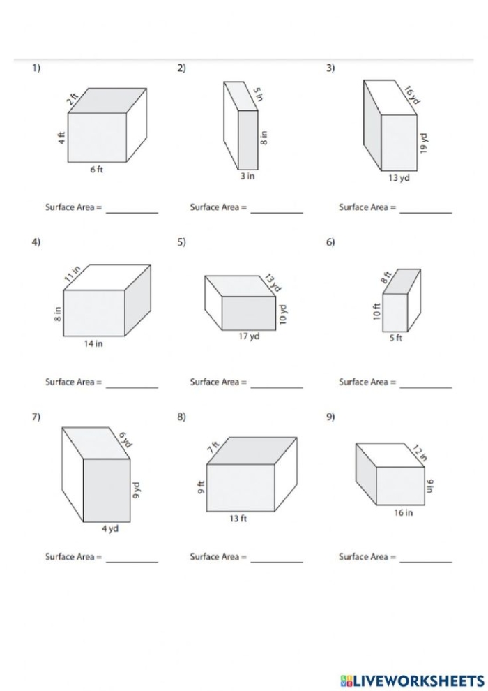 Seventh grade math worksheet featuring geometry problems for calculating the volume of various right prisms