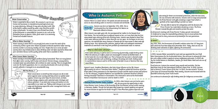 Seventh grade reading comprehension worksheet featuring a four-page lesson about three indigenous women water protectors