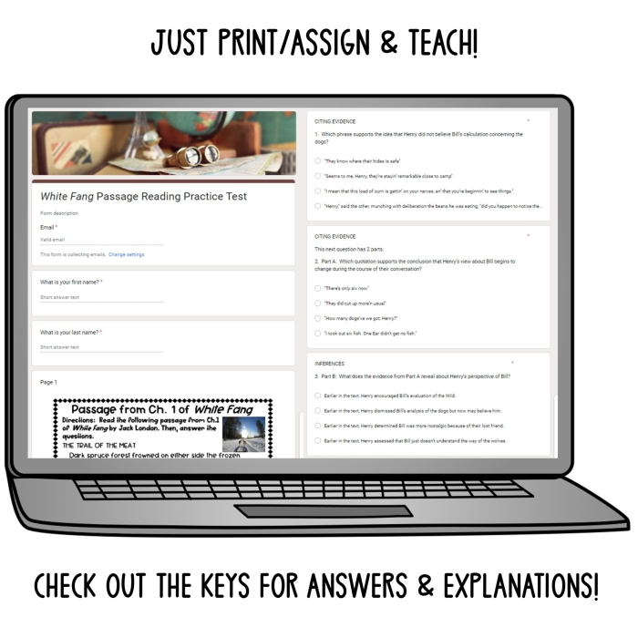 Seventh grade student completing a reading comprehension worksheet about the novel White Fang