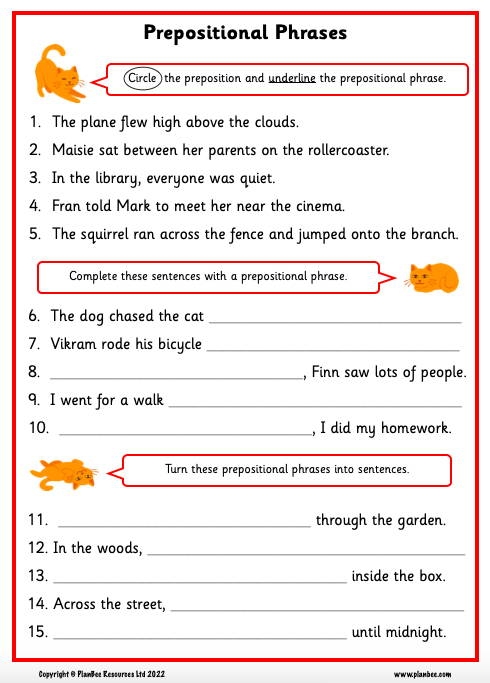 Practice worksheet for middle school students learning to recognize and identify prepositional phrases in sentences Seventh grade student completing a grammar worksheet on identifying prepositional phrases with pencil and paper