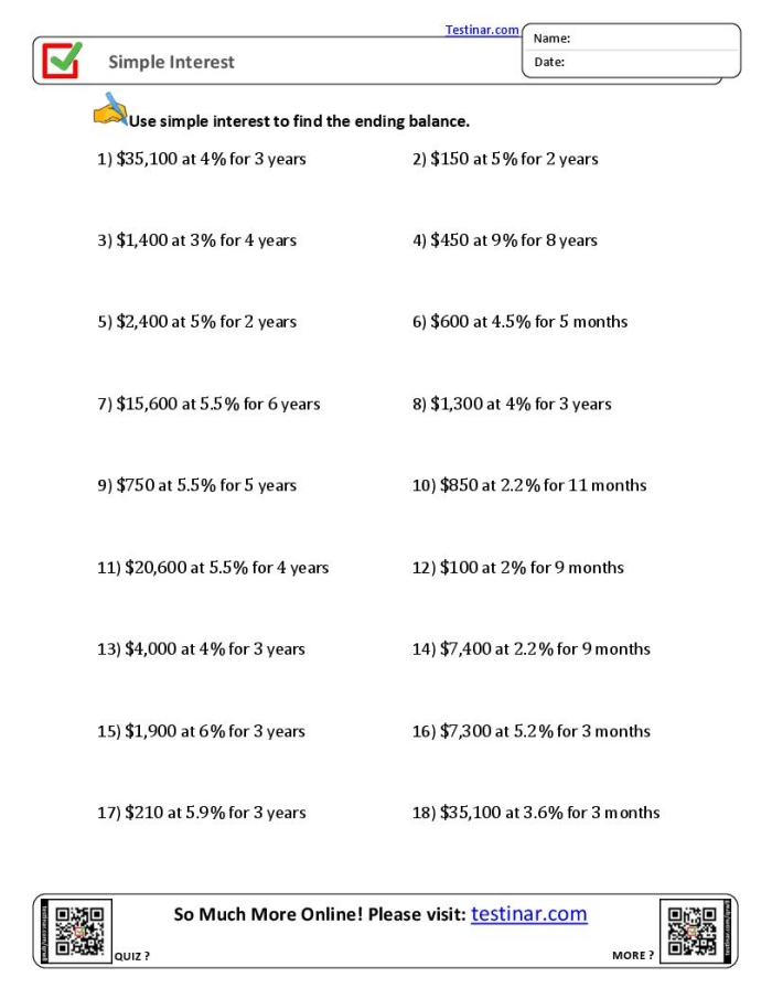 Seventh grade student solving simple interest word problems on a math worksheet with calculator and notebook