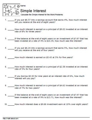 Seventh grade student solving simple interest word problems on a math worksheet with financial scenarios