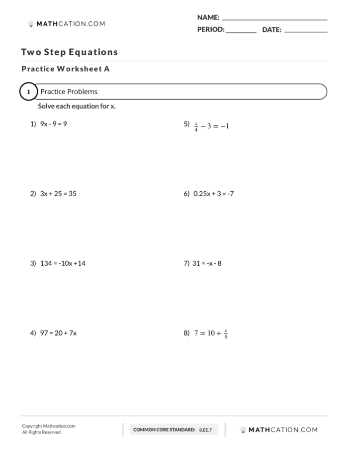 Seventh grade student solving two-step equations with sightseeing word problems on a worksheet