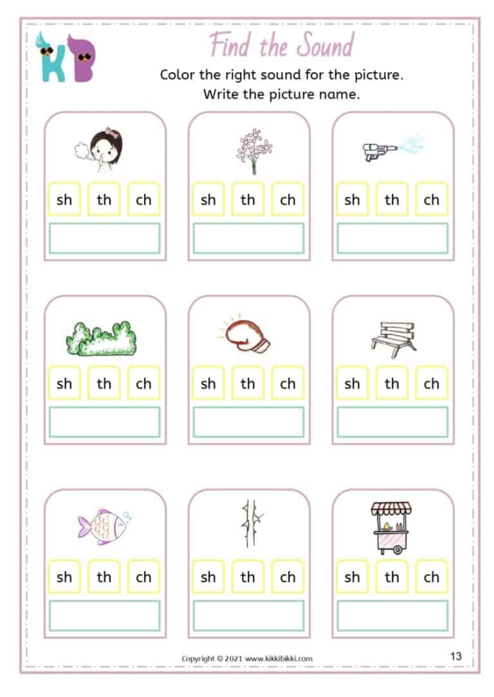 Worksheet featuring the letter SH and words that start with the sh sound for young learners