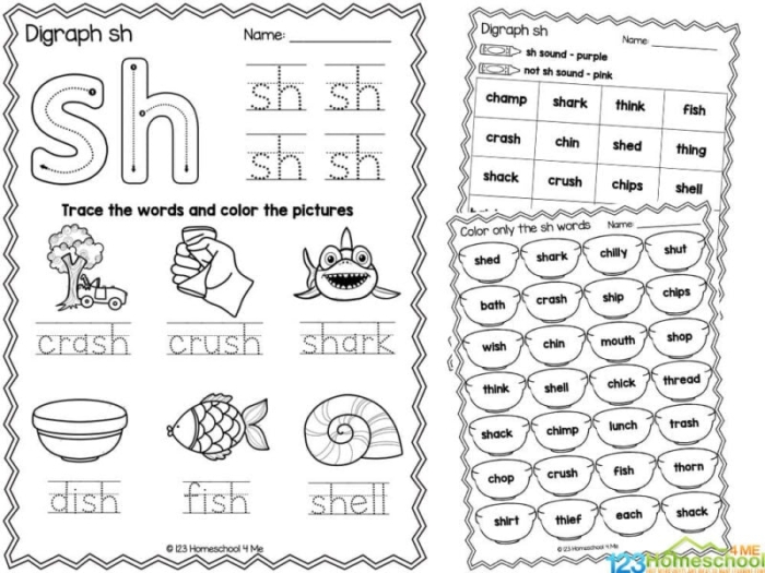 Preschooler tracing and identifying images that begin with the sh sound for a phonics activity sheet