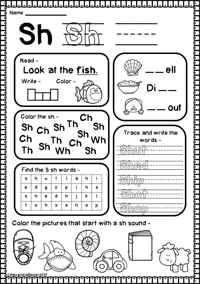 Worksheet featuring activities to identify words starting with the sh sound for young learners
