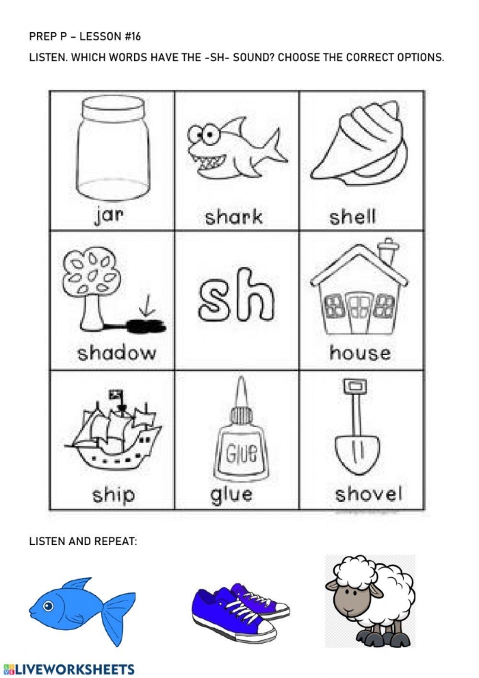 Preschoolers circling pictures that begin with the sh sound on a printable phonics worksheet