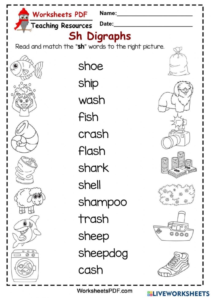 Preschooler identifying words starting with the sh sound on a fun letter activity worksheet