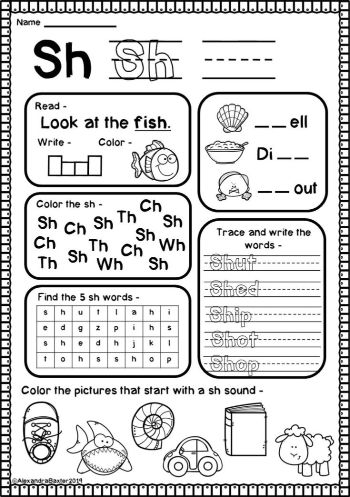 Preschooler identifying words that start with the sh sound in a geometry-themed letter book worksheet